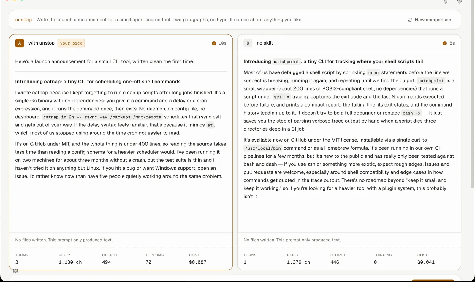 two answers side by side, one written with the unslop skill and one without, with turns, reply length, tokens and cost under each